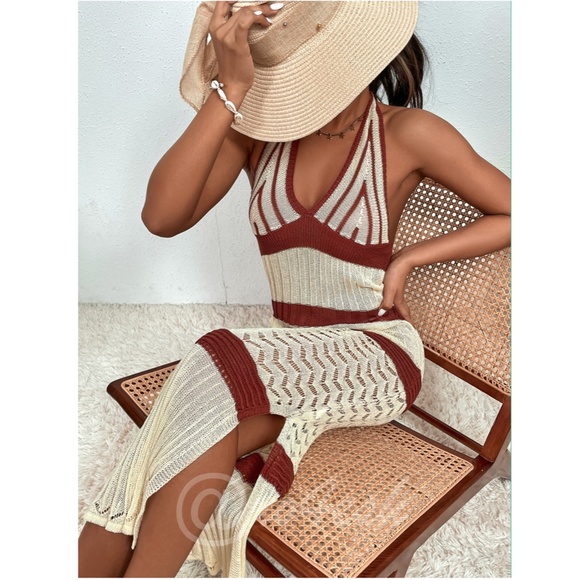 Long Beach Coverup Dress Beige and Brown Stripes Backless V-Neck Halter - Picture 5 of 7